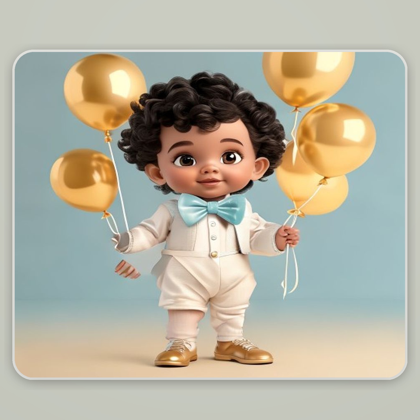 Cute illustrated baby boy holding gold balloons